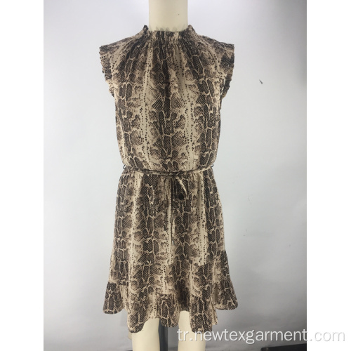 moda yılan baskılı büzgü boyun bayan elbise